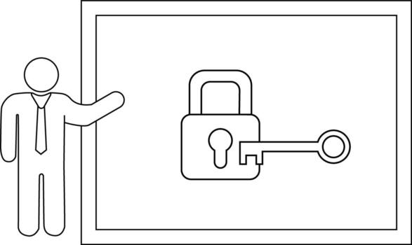 Presentation shows keylock simplified figure gestures at framed image outline style vector