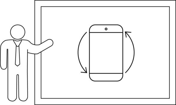 Stick figure gesturing to whiteboard displaying phone rotation arrows vector