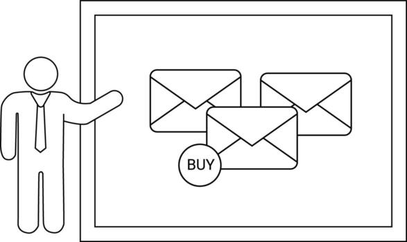 Stick figure presenting a whiteboard with three envelopes and a buy icon vector