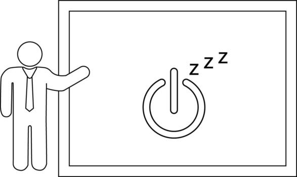 Stickfigure man gestures to a screen with a poweroff icon and zzz above implying sleep mode vector
