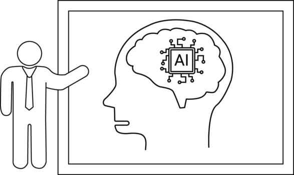 A diagram features a presenter beside a head outline with a brain containing a chip labeled AI vector