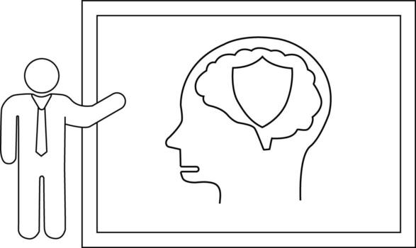 A figure in a suit presents a headshaped whiteboard with a shield inside a brain outline vector