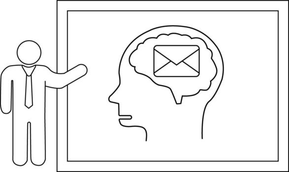 A figure pointing to a whiteboard with a head containing a brain and an email icon vector