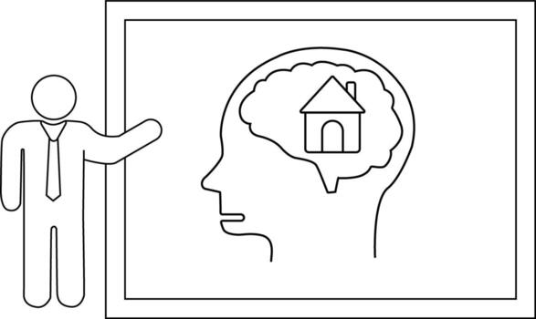 A figure presents a diagram of a head containing a house within the brain all in outline vector