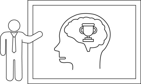 A man presents a whiteboard showcasing a head containing a trophy within the brain outline vector