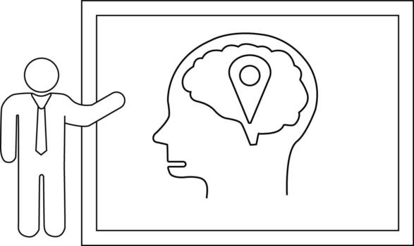 A figure presenting a whiteboard with a head silhouette and brain icon with a location marker inside vector
