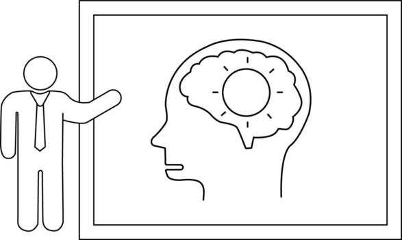 A person presents a head outline on a board with a shining circle in the brain area vector