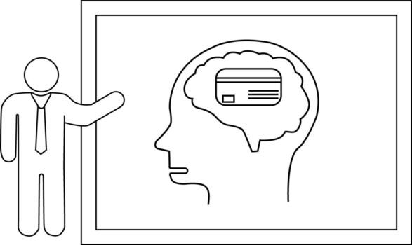 A person presents a head outline with a credit card in the brain on a board vector