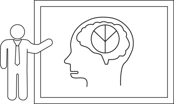A stick figure points to a presentation of a head with a pie chart inside a brain on a screen vector