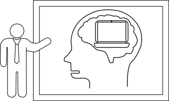 un palo figura presentación un pizarron el pizarron tiene un cabeza en perfil con un ordenador portátil dentro el cerebro vector