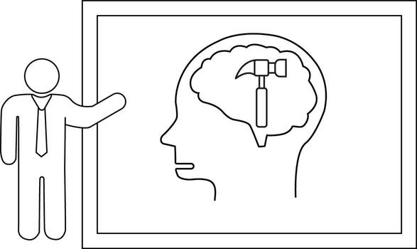 A stick figure presents a whiteboard depicting a head with a hammer inside its brain vector