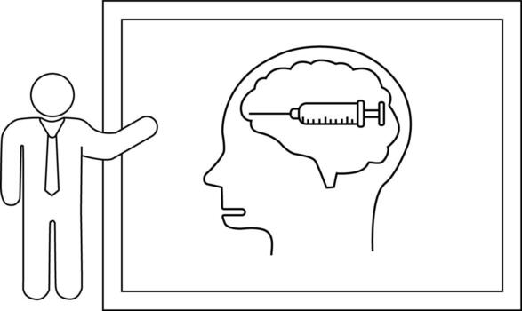 A stick figure presents a brain with a syringe on a framed diagram vector