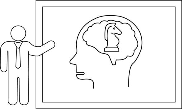 A stick figure presents a head outline with a chess knight inside the brain on a whiteboard vector