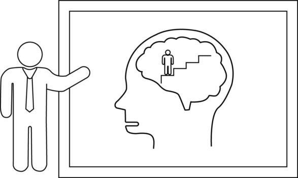 A stick figure presents a head with a brain containing a person on stairs displayed within a frame vector