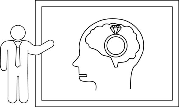 A stick figure stands next to a chart showing a head with a ring inside the brain vector