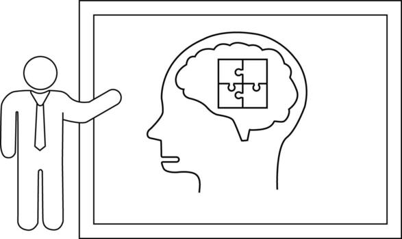 A stickfigure presenter points to a head with a jigsaw puzzle brain on a framed poster vector