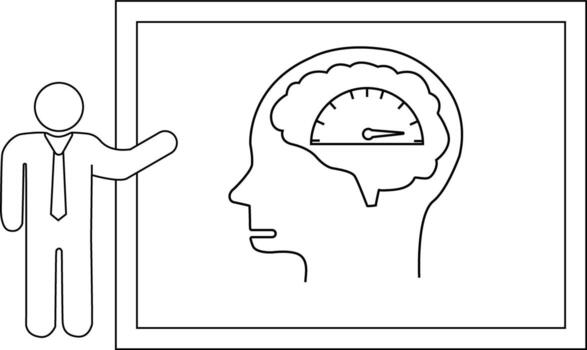Figure giving presentation on brain with a speedometer inside head displayed on a frame vector