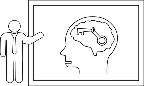 Line art depicts a figure presenting a whiteboard showing a head with a broken key inside the brain vector