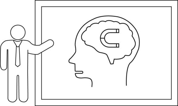 Line art depicts a presenter standing near a board showing a brain with a magnet inside vector