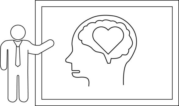 Line art of a presenter near a board with a head profile containing a heart within a brain vector
