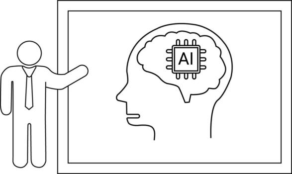 Line art of a person presenting a head outline with a brain containing a chip labeled AI vector