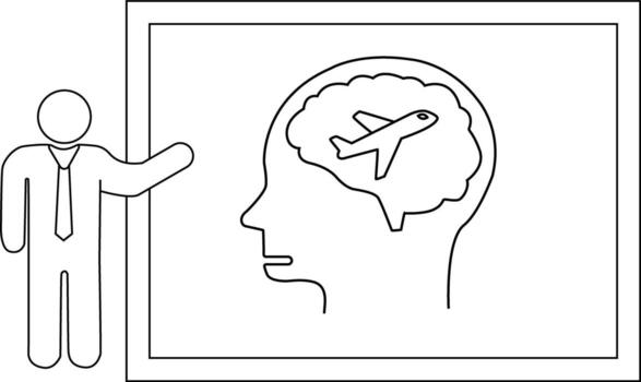 Line art shows a stick figure pointing to a brain illustration with an airplane inside vector