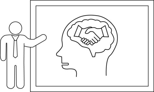 Line drawing person points to poster showing head with handshake in brain vector