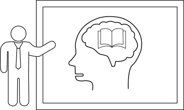 Line drawing Person pointing to head profile book inside brain in a frame vector