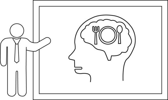 Line drawing shows a person presenting a diagram of a head with food symbols in the brain area vector