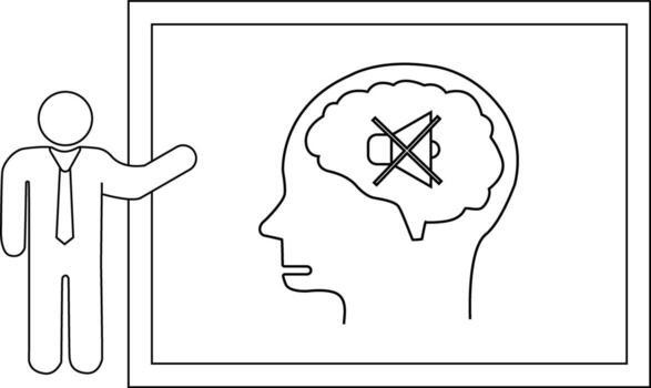 Man presenting a brain diagram with a crossedout speaker icon inside vector