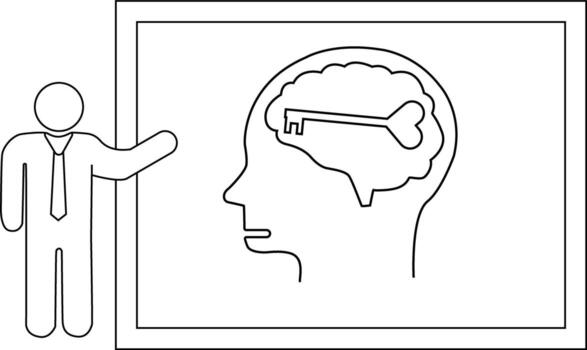 Man presenting a brain with a key inside on a screen vector
