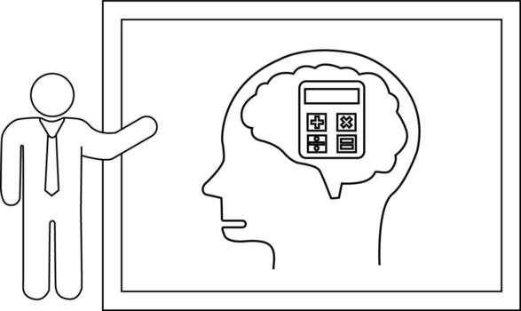 Man presenting math brain on a whiteboard with a calculator inside the head vector