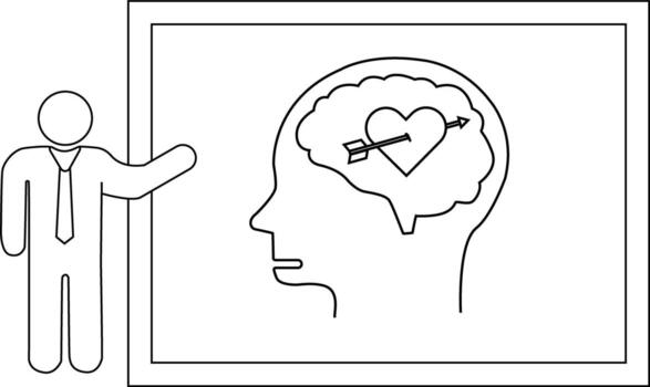 Man presents a whiteboard with a head silhouette a heart pierced by an arrow in its brain vector