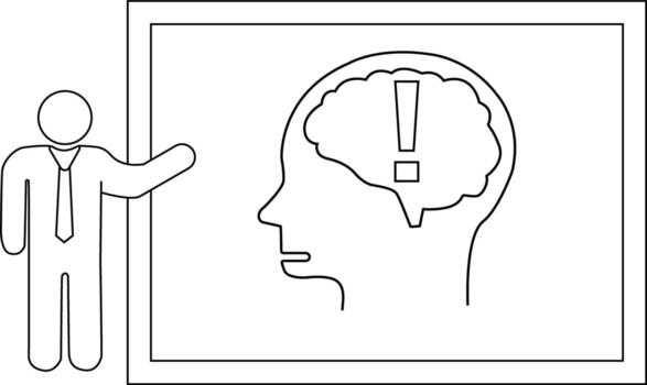 Outline drawing shows a man presenting a head with brain and exclamation mark in it vector