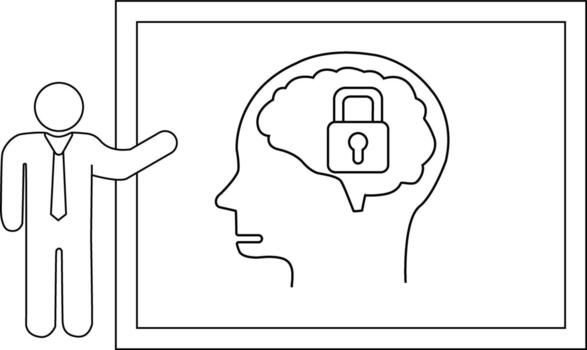Presentation shows a brain with a padlock inside next to a figure gesturing vector