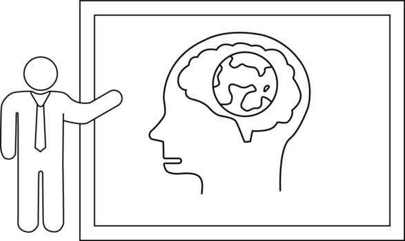 Presentation with a man gesturing to a whiteboard On the board is a head profile with a globe inside of the brain vector