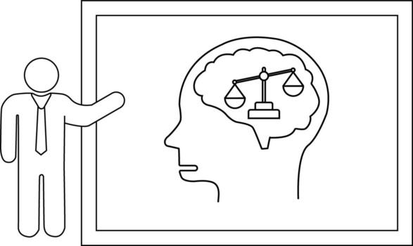 Stick figure gesturing to a framed head with balance scales inside the brain vector
