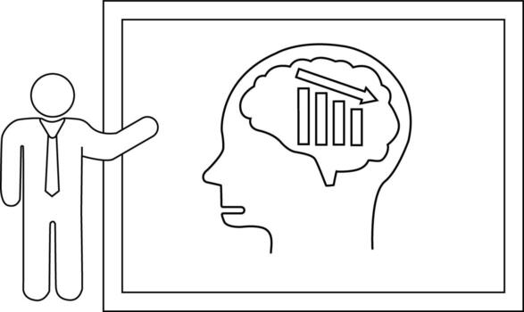 Stick figure presentation on a whiteboard showing a brain with a downward trending bar graph vector