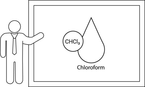 Line drawing of a presenter pointing to a whiteboard with a molecular diagram for chloroform vector