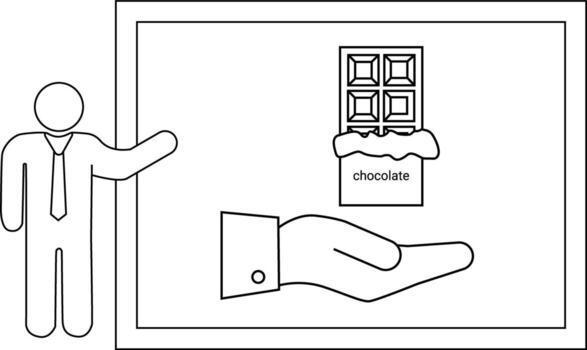 A drawing shows a man presenting chocolate from a frame vector