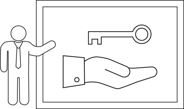 un figura gestos hacia un enmarcado imagen de un mano presentación un llave vector