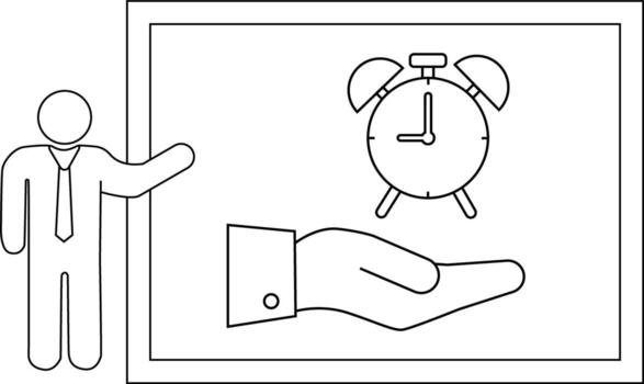 A figure gesturing to a presentation board displays a clock above a hand vector