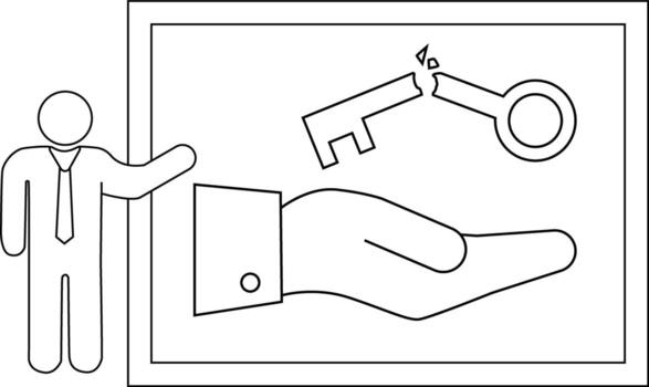 A man gestures to an image of a hand holding a broken key vector