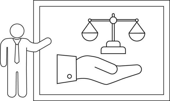 A presentation depicting scales of justice held in a hand next to a presenter vector
