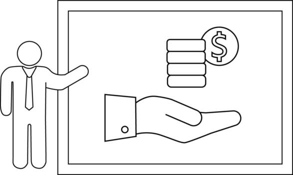 A presenter stands beside a board featuring a hand presenting a stack of coins with a dollar sign vector