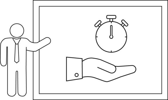An outline image shows a businessman presenting a hand below a stopwatch within a framed image vector