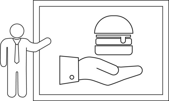 Line art displays burger on a hand presented by a figure in front of a framed display vector