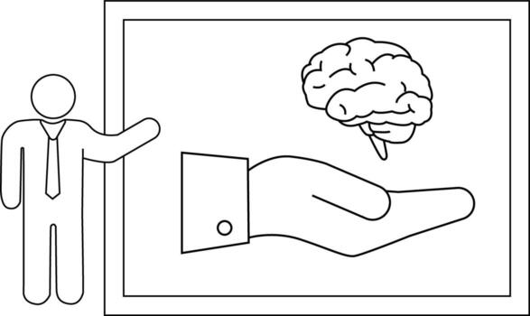 Line drawing figure presenting a brain above an open hand within a bordered frame vector