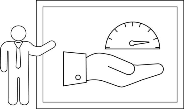 Man presenting a screen showing a hand holding a speed gauge vector