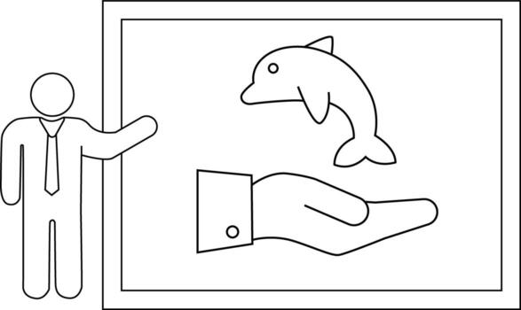 Man presenting illustration of dolphin above a hand inside a frame vector